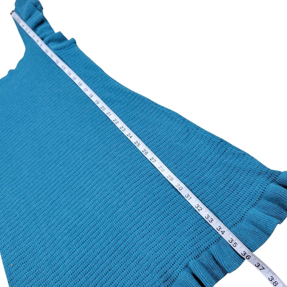 Anthropologie Ruffled Pointelle Knit Mini Dress Womens M Blue Green Lined Summer
